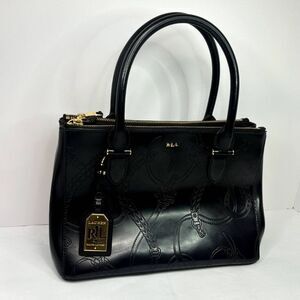 Lauren Ralph Lauren Patent Leather Black Engraved Sailor Gold Shoulder Bag Purse